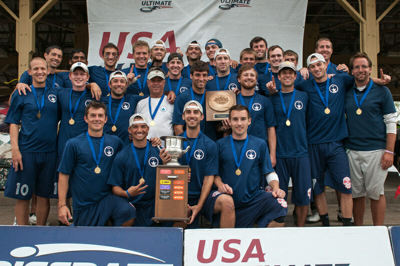 Austin's Doublewide at the Gold Medal ceremony after winning the 2012 USA Ultimate Club Championships.