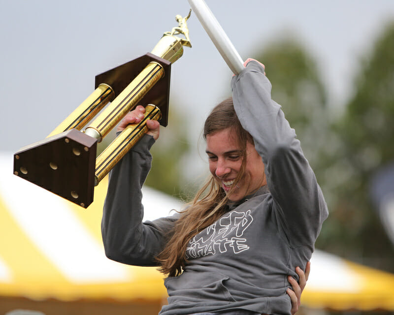 UNC-Wilmington's Claire Chastain raises the Callahan trophy.