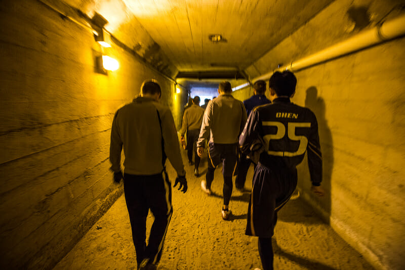 The San Francisco Dogfish walk down the tunnel onto the field at Kezar Stadium