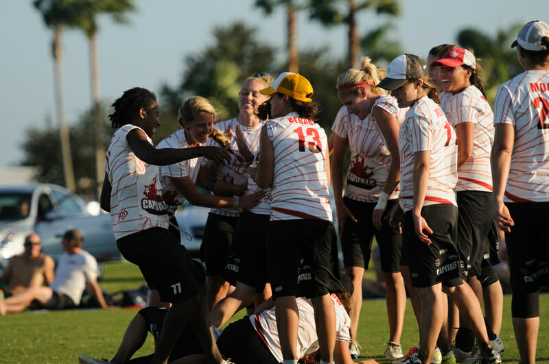 The Toronto Capitals celebrate after winning prequarters against Vancouver Traffic at the 2012 Club Championships.