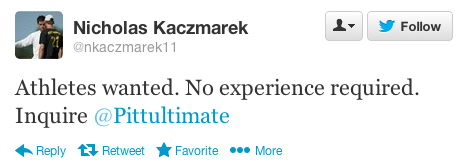 Pittsburgh coach Nick Kaczmarek's recruitment tweet.