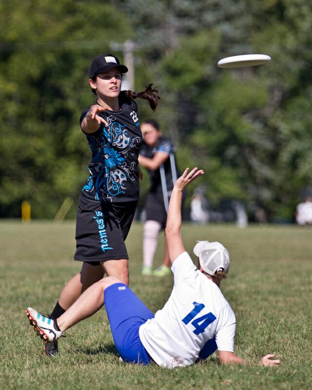 Paula Seville of Nemesis releases a backhand at Great Lakes Regionals