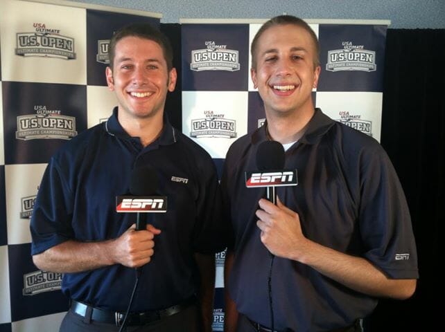 Mike Couzens (right) and Evan Lepler broadcasting at the 2013 US Open.