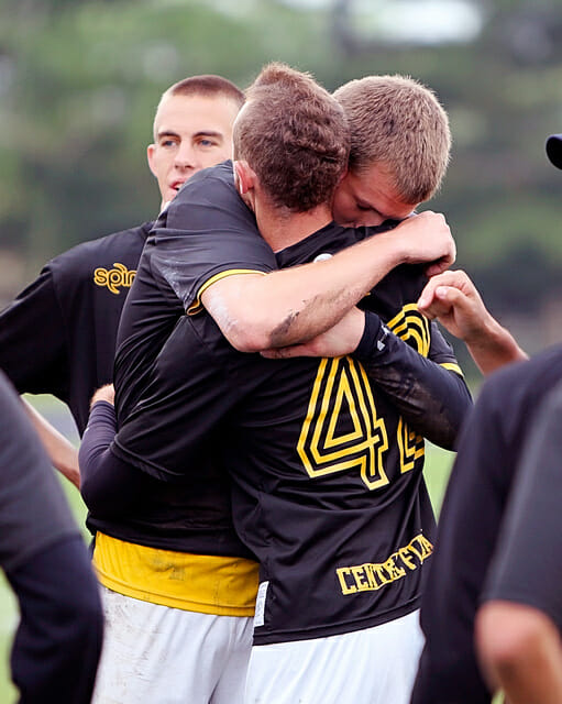 Central Florida players Mike Ogren (left) and Mischa Freystaetter embrace after falling to Pittsburgh in the 2013 College Championship final. Photo: Alex Fraser -- UltiPhotos.com