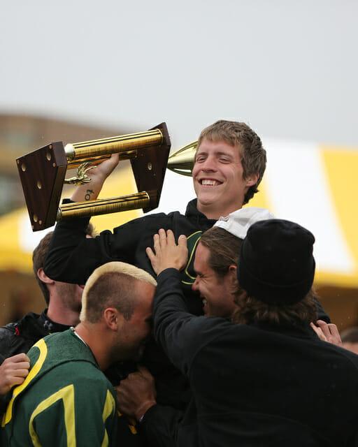 Oregon Ego's Dylan Freechild gets lifted up by teammates after winning the 2013 Callahan award. 