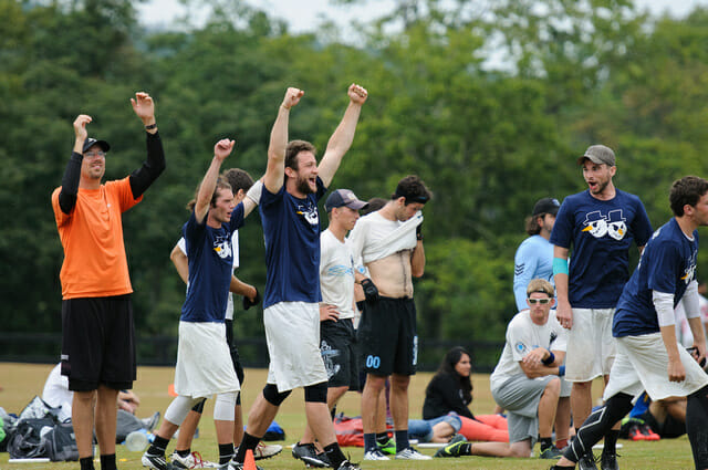 Nick Stuart (center) and his Minneapolis Sub Zero teammates celebrate a victory over Boston Ironside in the finals of the 2013 Chesapeake Invite. Photo: Kevin Leclaire, UltiPhotos.com