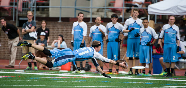 Boston Whitecaps' Jeff Graham makes the play of the game in their 2013 Major League Ultimate Championship victory. Photo: Kevin Leclaire -- UltiPhotos.com