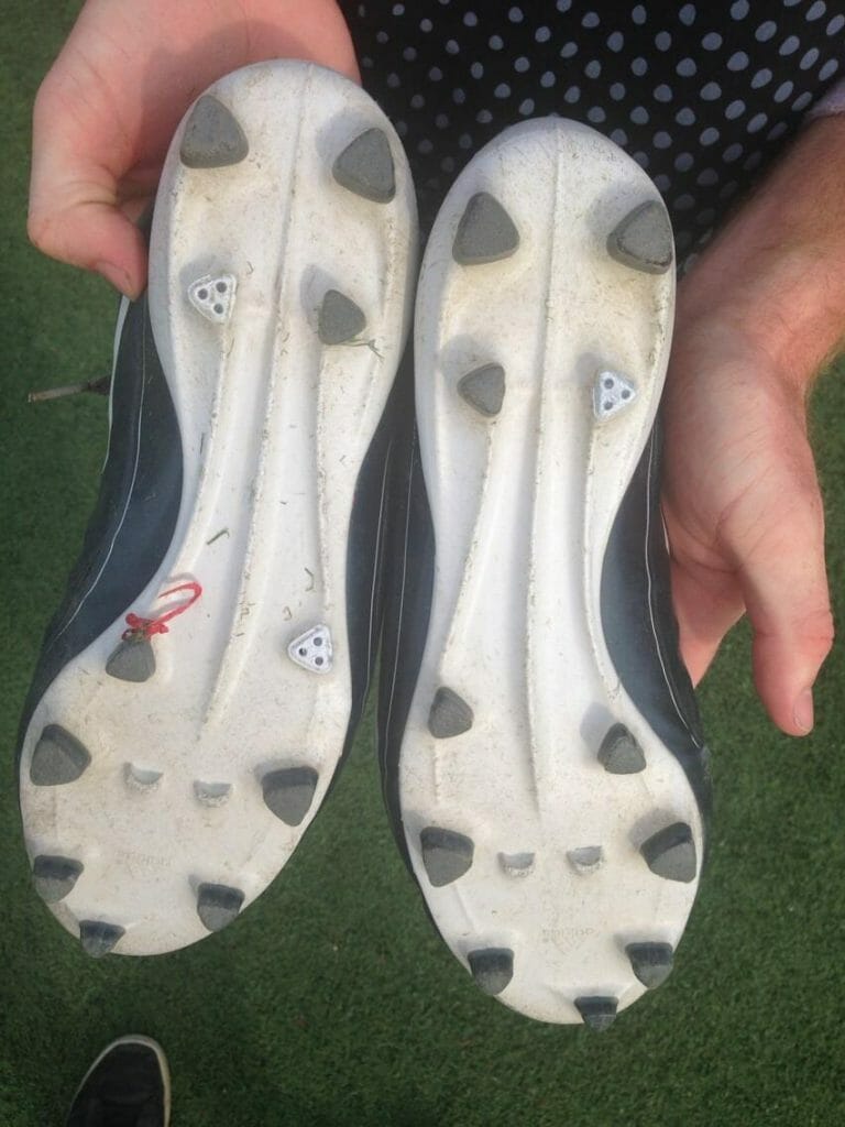 George Stubbs lost three studs from his cleats playing on the poor turf at the 2013 US Open. Photo: Ultiworld.