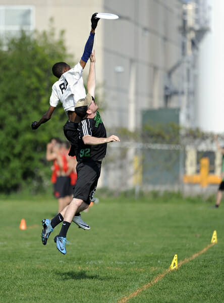 Stevens Tech's Marques Brownlee flies above his defender at the 2013 D-III National Championships.