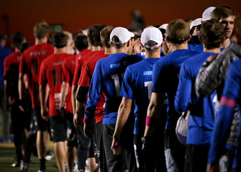 Boston Ironside and Seattle Sockeye players shake hands after their semifinal matchup at the 2013 Club Championships.
