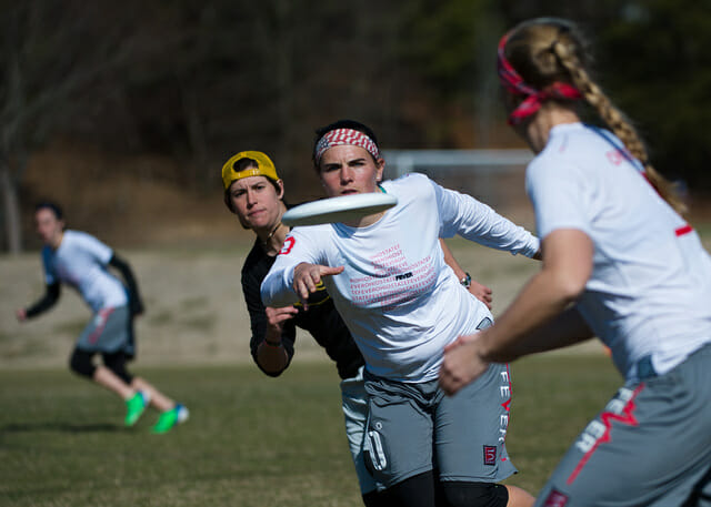 Ohio State Fever advances the disc at the 2014 Queen City Tune Up.
