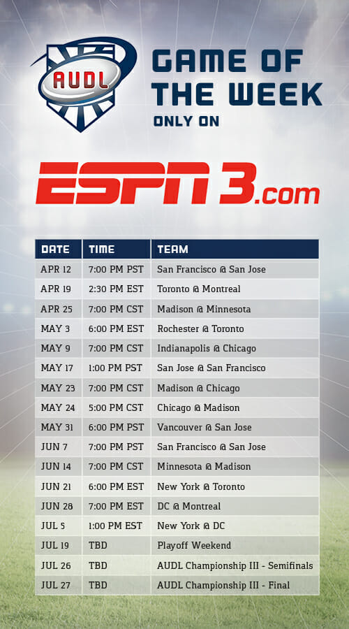 The 2014 AUDL ESPN3 Streaming Schedule.