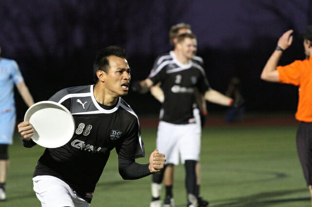 The DC Current's Calvin Oung celebrates after catching the game-winning score against the Boston Whitecaps.