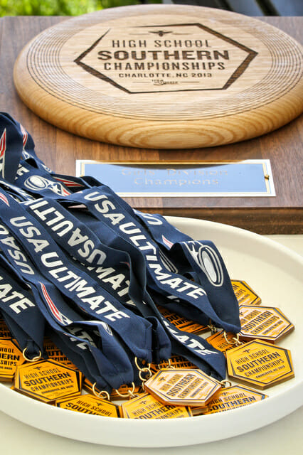 The 2013 USA Ultimate Southerns trophy and medals.
