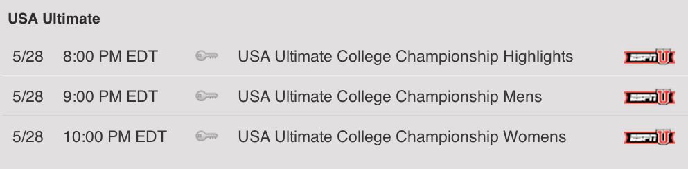 The ESPNU broadcast schedule of the USA Ultimate College Championships.