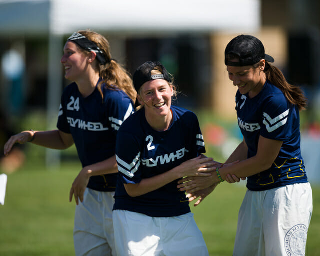 Michigan Flywheel celebrating a score during their upset of UCSB in prequarters at the 2014 College Championships.