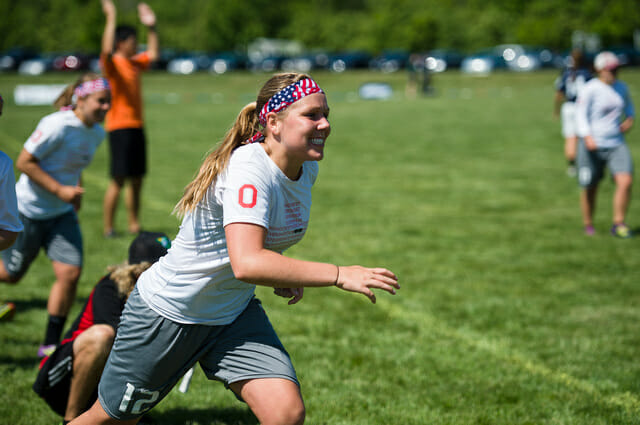 Ohio State's Katie Backus celebrates a win at the College Championships.