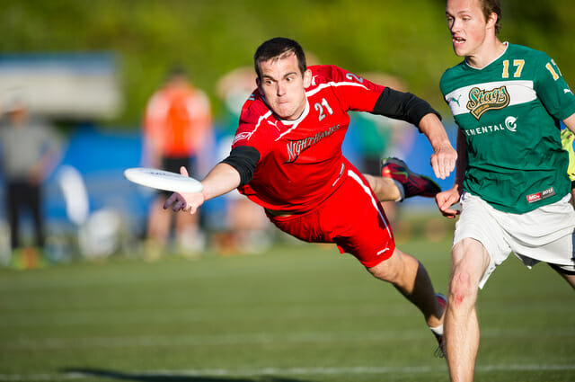 Vancouver Nighthawk Aaron Loach lays out for a disc in the 2014 MLU Playoffs.