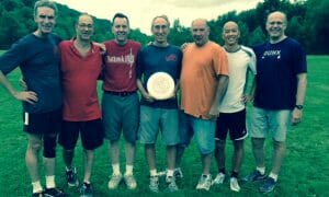 Some members of the founding Cornell ultimate team. From left to right: Bill Nye, Joe Reina, Chip O'Lari, Jon Cohn, Karl Barth, Toby Lou, Don Eibsen.