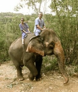 Marc Mekki, Mandarin Journeys GM, 'test-driving' an elephant in Northern Thailand