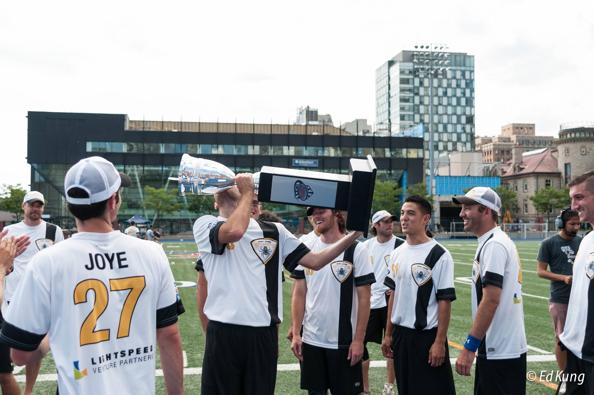 The San Jose Spiders hoist the AUDL Championship trophy in Toronto. Photo: Ed Kung
