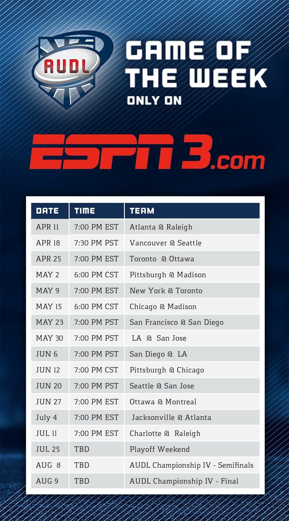 AUDL ESPN3 Game Of The Week