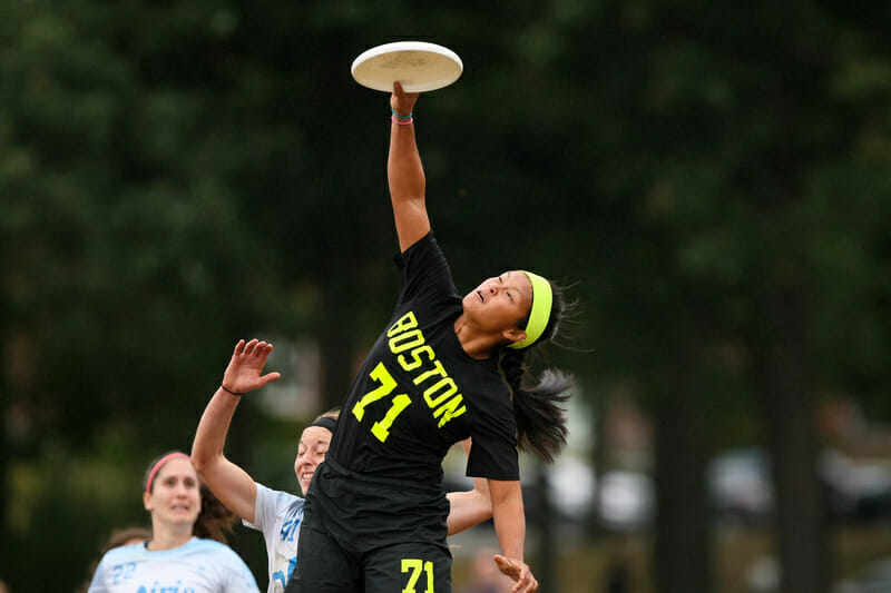 Brute Squad's Cassie Wong skies for a disc in the Regional final.