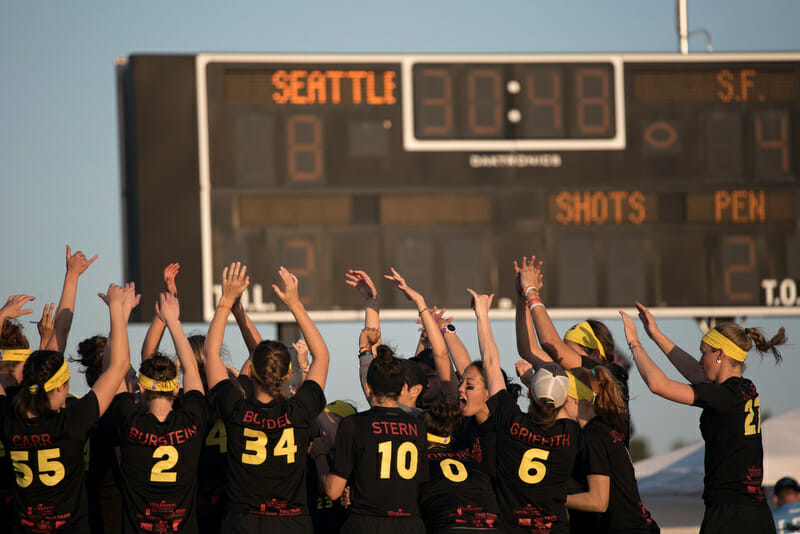 Riot celebrates at half time of their 2015 national semifinal against Fury.