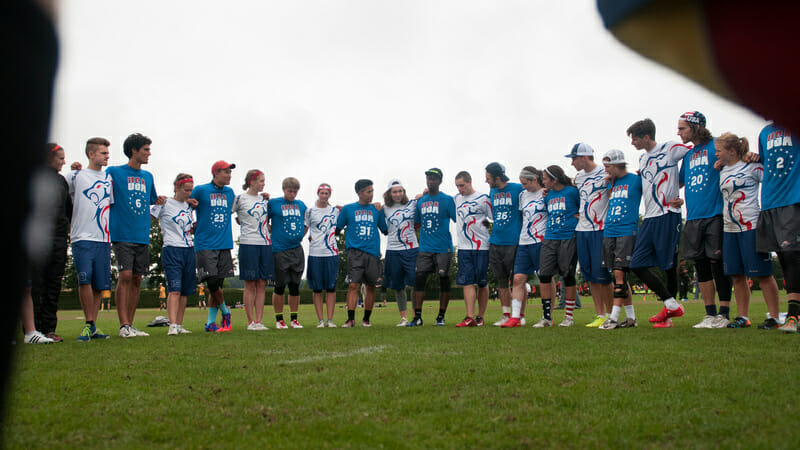 USA and Great Britain in the Spirit Circle at the 2015 U23 Championships. Photo: Jolie Lang -- UltiPhotos.com