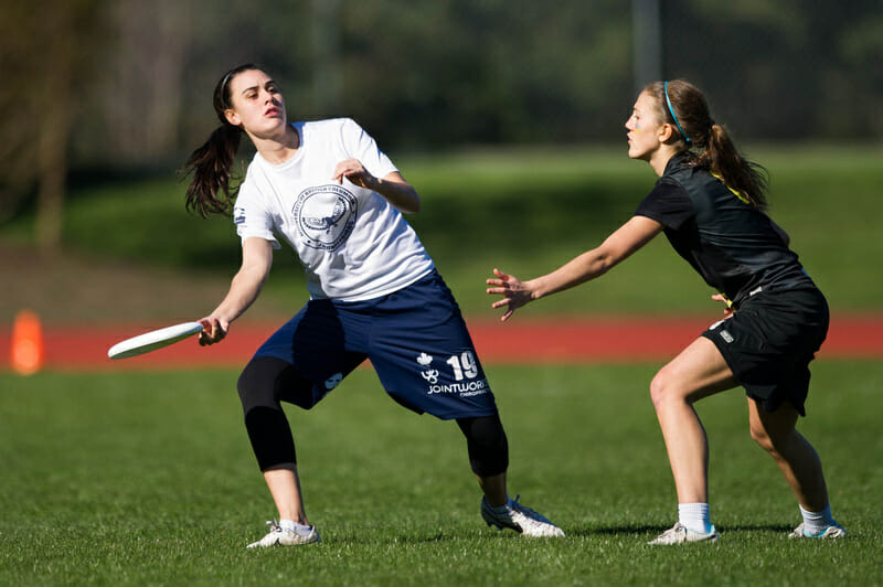 Former rivals Mira Donaldson (left) and Kate Scarth are now teammates on top-ranked UBC. Photo: Jeff Bell -- UltiPhotos.com