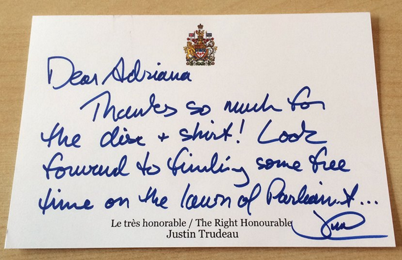 Justin Trudeau Thank You Note