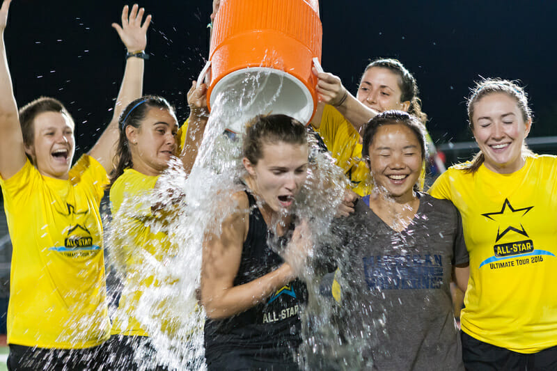 The All-Stars dunk founder Qxhna Titcomb after their 2016 Tour came to a close Wednesday night. Photo: Burt Granofsky -- UltiPhotos.com