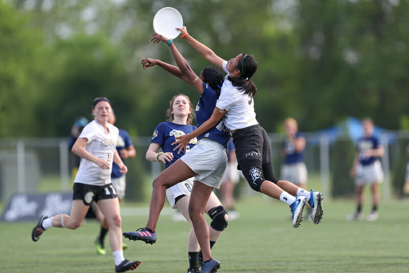 Colorado's Nhi Nguyen conquers a defender in the air against Pittsburgh in the semifinals of the 2018 College Championships.