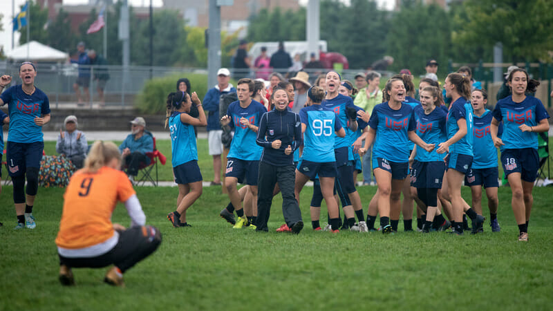 The U20 U.S. National Team celebrates a victory over the Netherlands WJUC 2018.